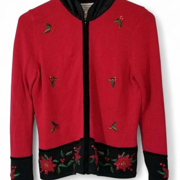 Vintage Tiara International Christmas Mistletoe & Poinsettia Full-Zip Sweater - Picture 3 of 5